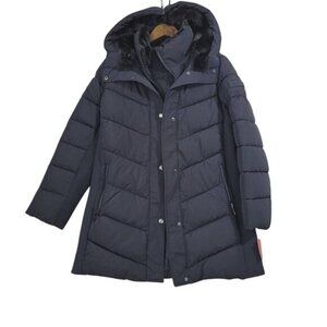 NEW Andrew Marc Womens M Hooded Quilted Puffer Coat With Faux Fur Trim